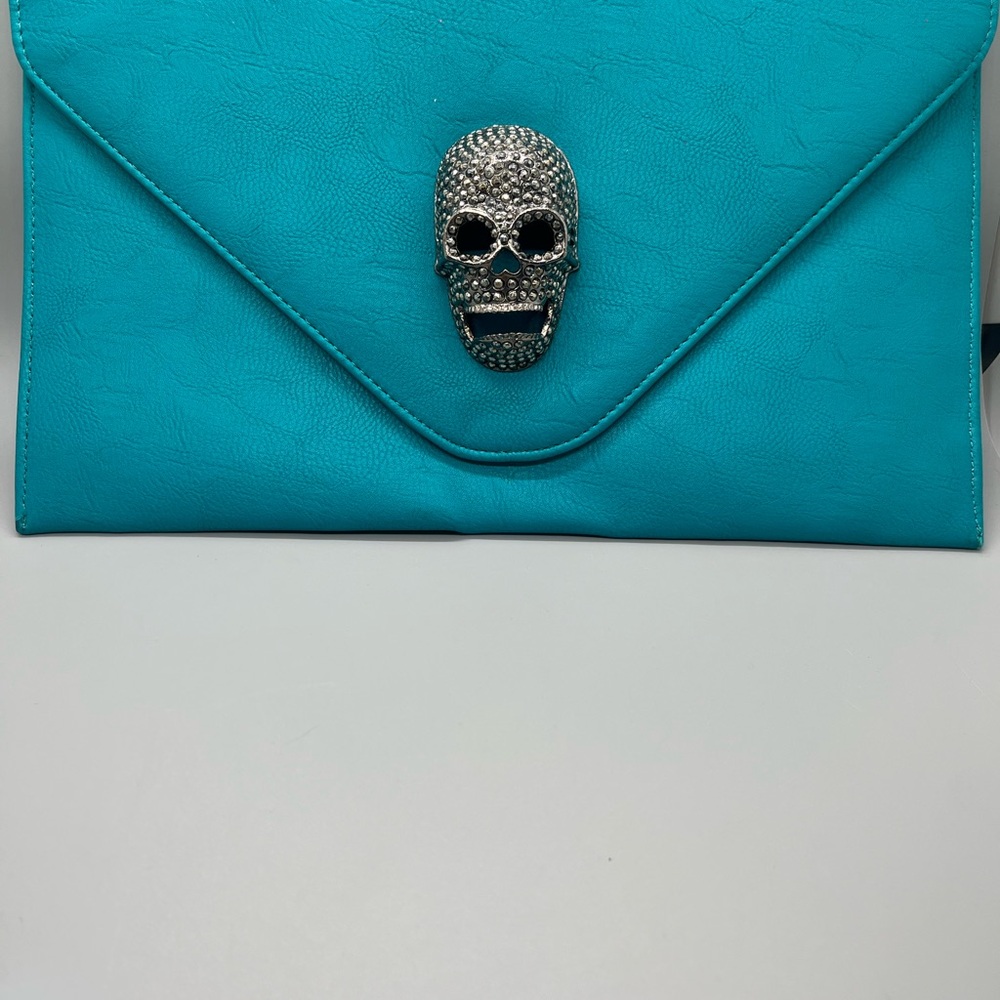 Turquoise Skull Embellished Clutch